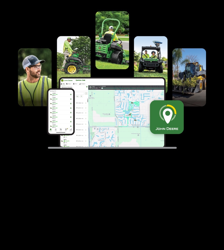 A collage of landscaping operators using John Deere equipment behind screenshots of John Deere Operations Center™.