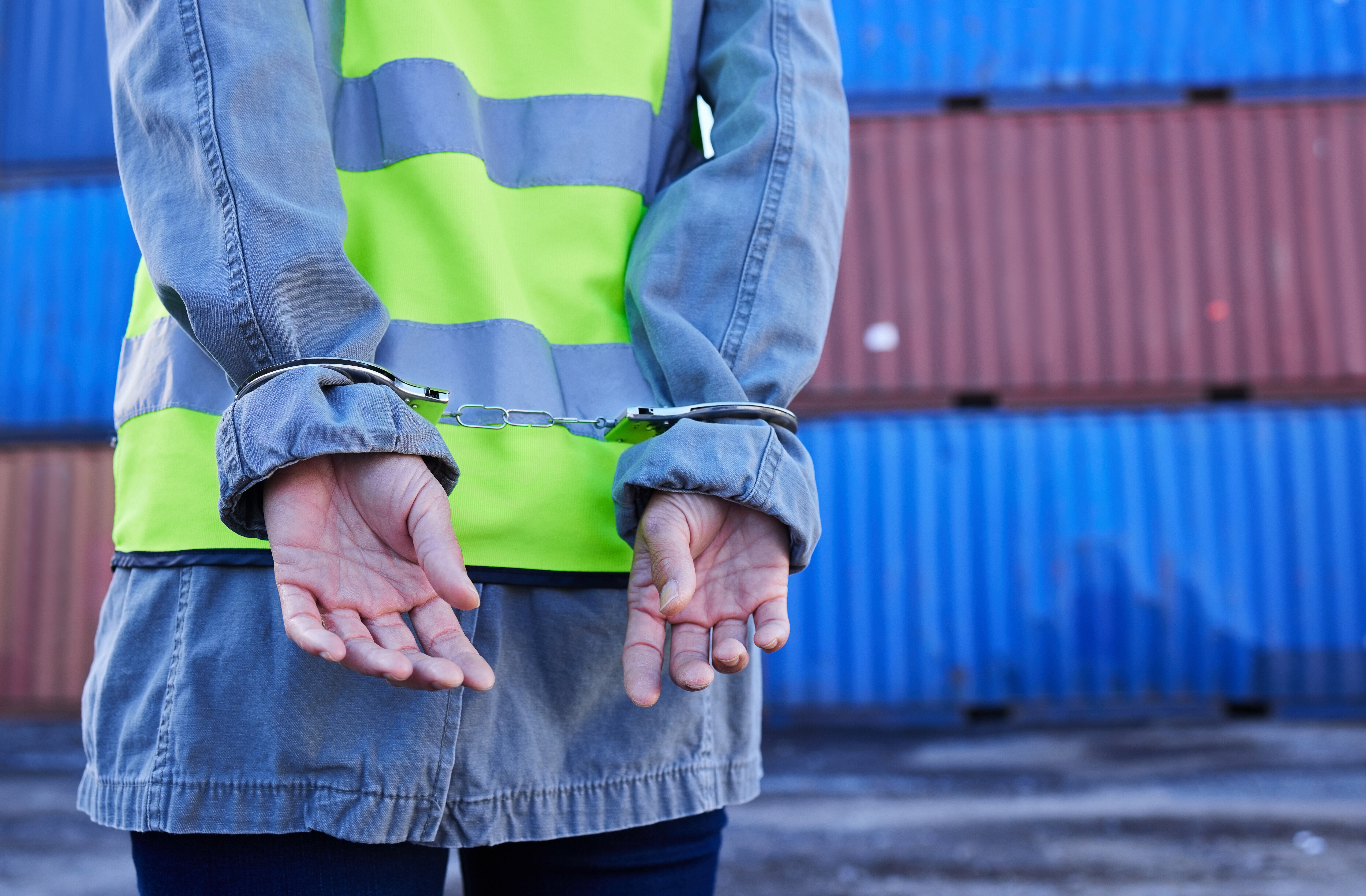 Person in handcuffs in container yard