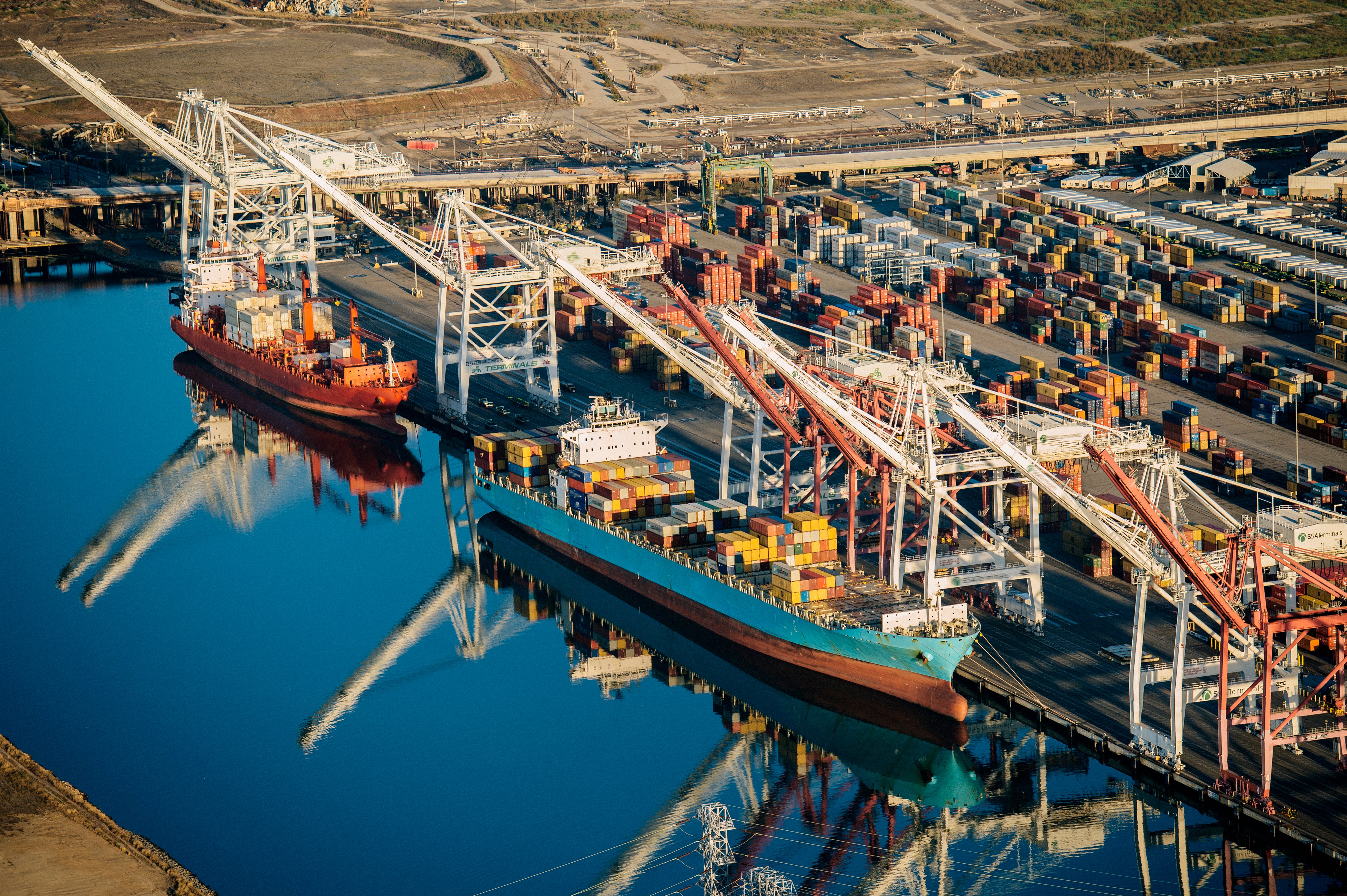 Cargo ships are unloaded at the Port of Los Angeles.