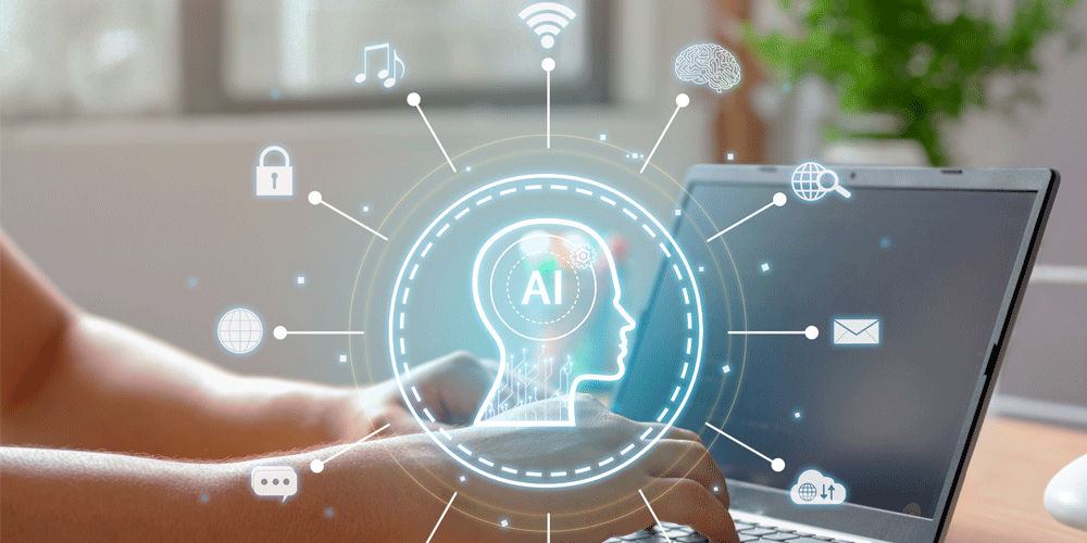 AI concept with a graphic over a laptop.